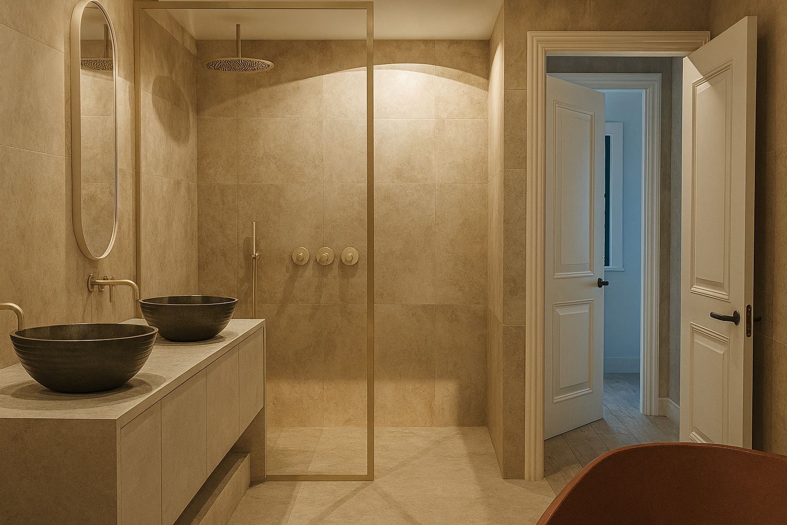 Badkamer met inloopdouche en dubbele wastafel